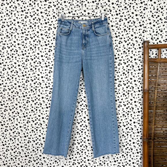 Zara Denim - ZARA | Straight Leg High Waisted Frayed Hem Light Wash Jeans 4